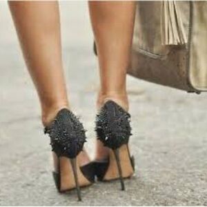 Sam EDELMAN Scarlet T-Strap Spiked High Heel Embellished Shoes Black 7.5